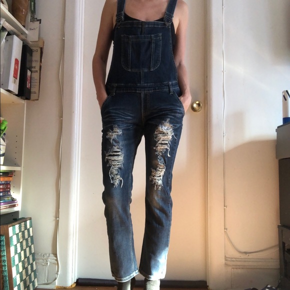 ❤️Machine Nouvelle Mode Italian Distressed Denim Overalls Dark Wash Size M 28 - Picture 8 of 10